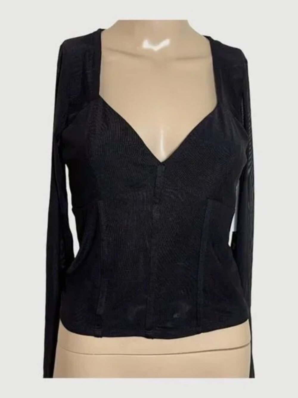 Open Edit Semisheer Mesh Corset Long Sleeve Top In Black Size Small